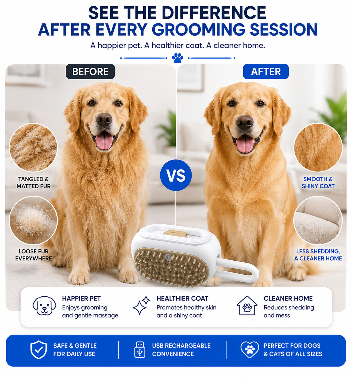 FurEase 3-in-1 Pet Grooming Brush